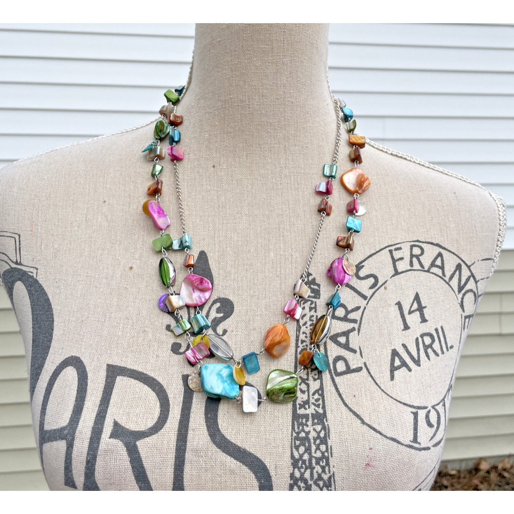 Multicolor Beaded Shell Stone Chunky Necklace Boho Artistic Necklace 42"